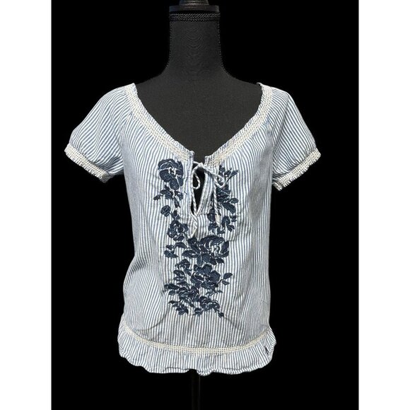 Abercrombie & Fitch Striped Short Sleeve Blouse W/ Embroidered Floral Design & T - Picture 1 of 10